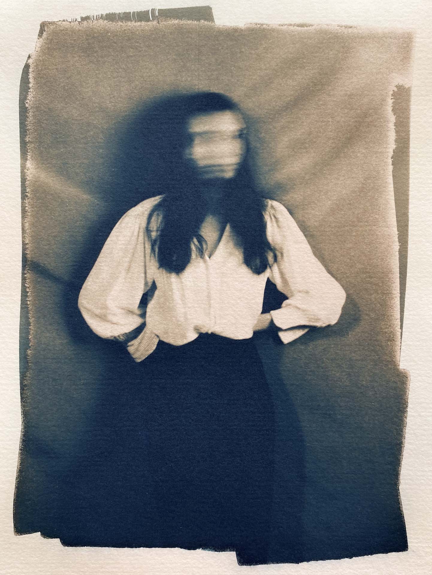 Camilla Portrait 12x16cm cyanotype hazel leaves toned