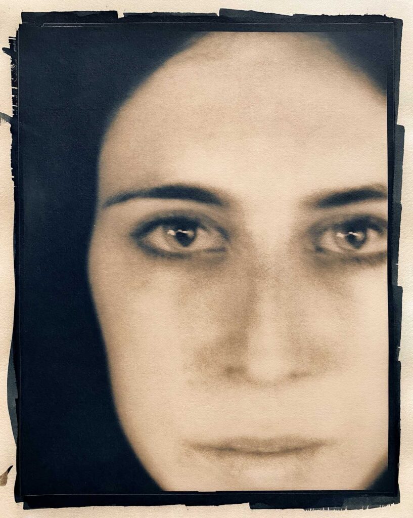 Gaia Portrait 20x25cm cyanotype hazel leaves toned