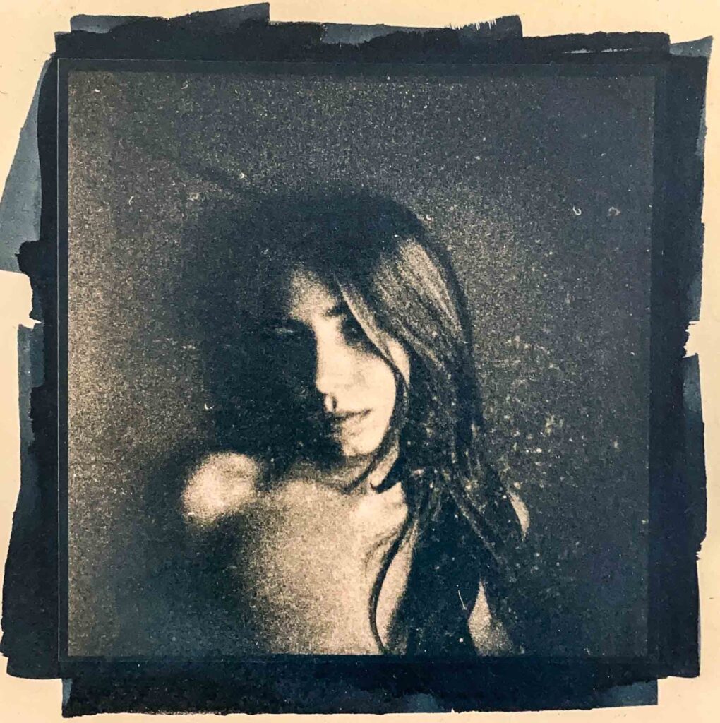 Portrait 14x14cm cyanotype hazel leaves toned