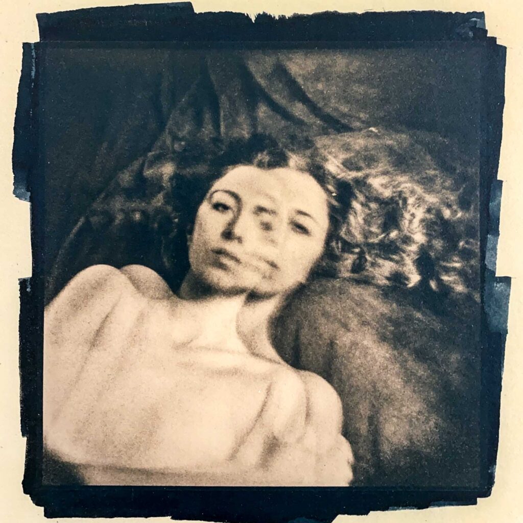 Portrait 14x14cm cyanotype hazel leaves toned