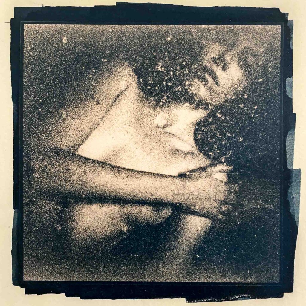 Portrait 14x14cm cyanotype hazel leaves toned